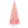 6ft Prelit Snow Flocked Artificial Christmas Tree with Pencil Shape, Pine Realistic Branches, Warm White LED lights, Auto Open, Pink and White
