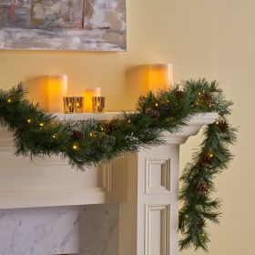 2 Packed 9"X10" Cashmere and Snow Bristle Garland with 20 Pine Cones and with 50 Warm White LED Lights with Timer Battery Operated-Outdoor,160 Tips
