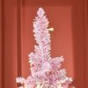 6ft Prelit Snow Flocked Artificial Christmas Tree with Pencil Shape, Pine Realistic Branches, Warm White LED lights, Auto Open, Pink and White